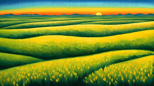 AI generated abstract painting of grasslands under a blazing sunset waves of greens