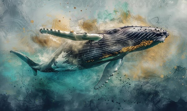 Watercolor illustration of a humpback whale in the ocean AI generated