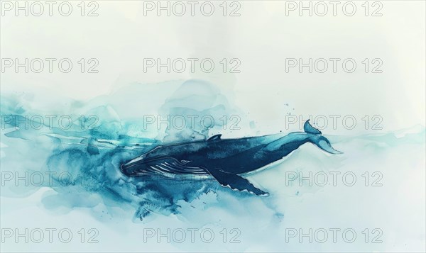 A peaceful watercolor painting of a whale diving into the depths of the ocean AI generated