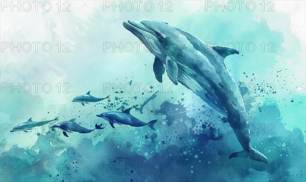 Watercolor illustration of a pod of dolphins swimming alongside a whale AI generated