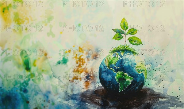 Vibrant watercolor painting of Earth with tree saplings growing on top AI generated