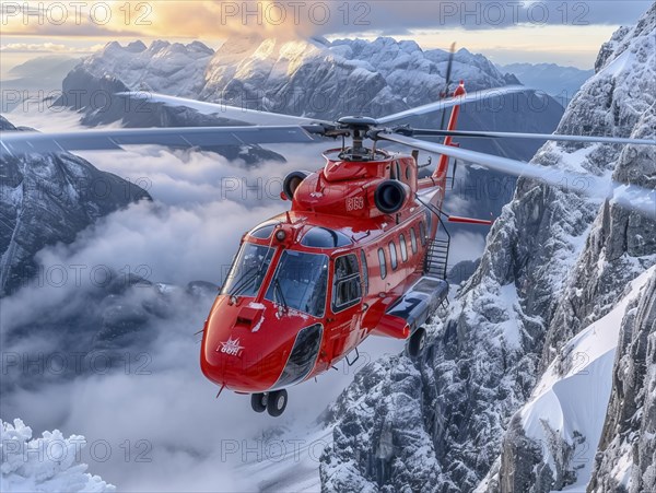 Ein roter Hubschrauber fliegt ueber verschneite Berggipfel, umgeben von Nebelschwaden, Rettungshubschrauber im Einsatz, AI generiert, AI generated