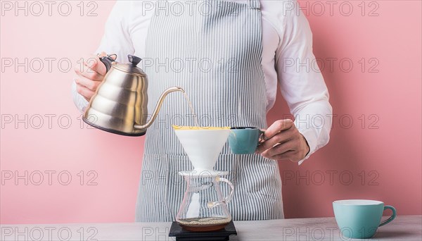 Barista using pour-over technique to brew coffee, exhibiting precision with pastel colors background, horizontal, AI generated