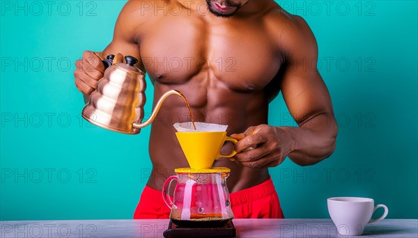 Shirtless toned african man pouring coffee from a kettle into a filter on a blue background, horizontal, AI generated