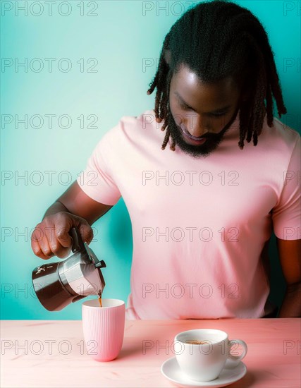 A black man with afro hairstyle focused on pouring coffee into a pink cup against a serene blue background, Vertical aspect ratio, AI generated