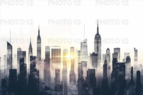 City skyline silhouetted against a sunrise with beams of light piercing through the skyscrapers, illustration, AI generated