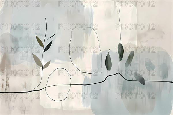 Minimalist botanical line art with abstract floral elements in neutral colors, illustration, AI generated