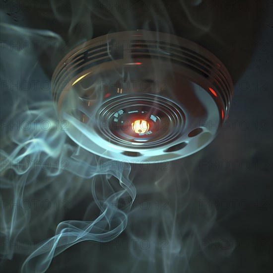 A smoke detector on the ceiling activates with visible smoke around it, AI generates, AI generated