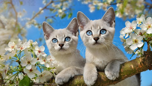 KI generated, animal, animals, mammal, mammals, cat, felidae (Felis catus), two kittens resting in a fruit tree, tree blossom, spring, summer