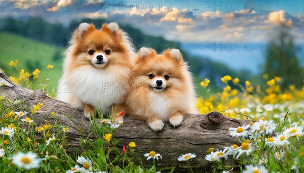 KI generated, animal, animals, mammal, mammals, dwarf spitz, Spitz, (Canis lupus familiaris), dog, dogs, bitch, Pomeranians, a bitch and a puppy lying on a tree trunk, flower meadow, two animals, cream-coloured