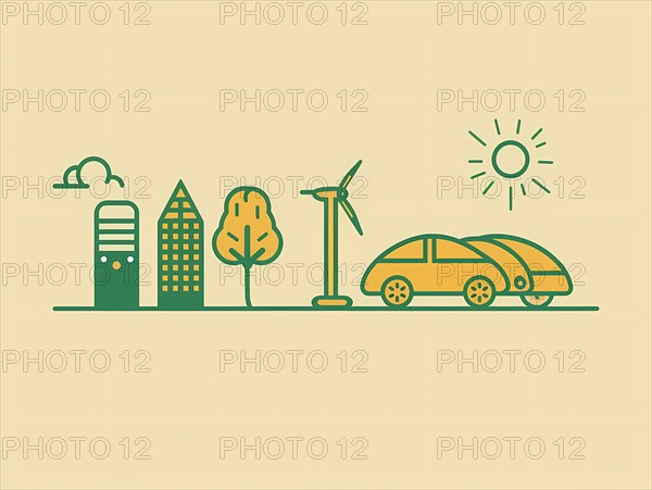 Illustration of an electric car in a green cityscape with renewable energy icons, illustration, AI generated