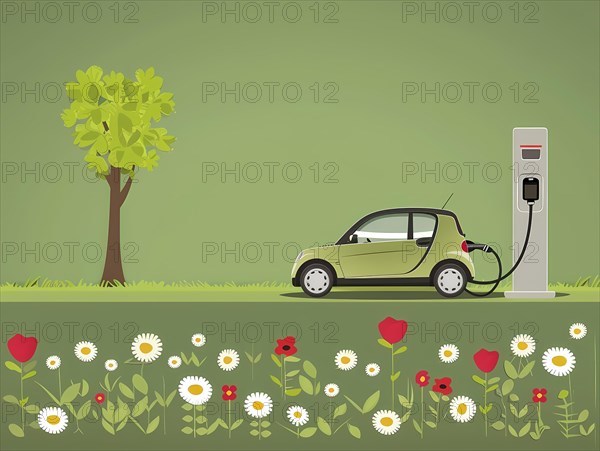 Serene scene of an electric car charging next to a tree and flower bed in a green environment, illustration, AI generated