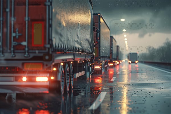 Traffic jam, congested motorway with many lorries and cars in rainy weather, poor weather conditions, limited visibility, AI generated