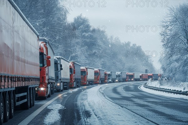 Traffic jam, congested motorway with many lorries and cars in winter, bad weather conditions, snow chaos, restricted visibility, AI generated, AI generated, AI generated