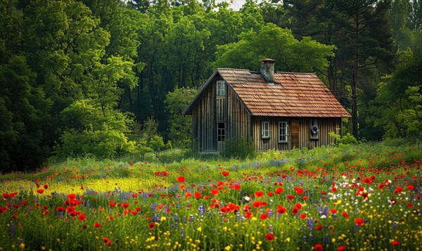 A charming cottage nestled amidst a field of spring wildflowers AI generated