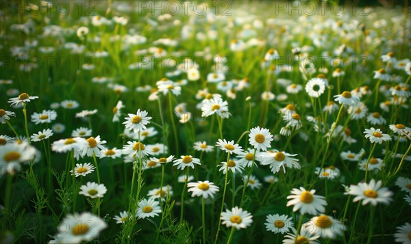 Chamomile plant growing in a garden, spring nature background AI generated