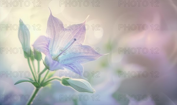 Close-up of a bellflower in soft light, closeup view, selective focus, spring background AI generated