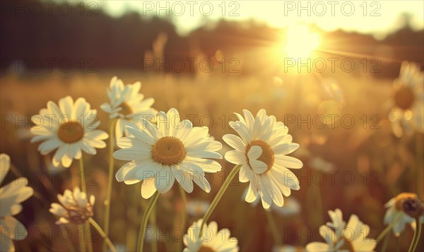 Daisies in a field at sunset, fields and meadows, spring nature background AI generated