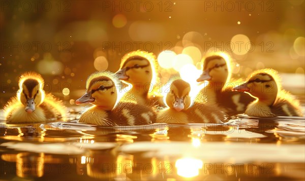 Ducklings swimming in a pond, close up view AI generated