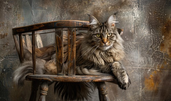 Maine Coon cat perched gracefully on a vintage wooden chair AI generated