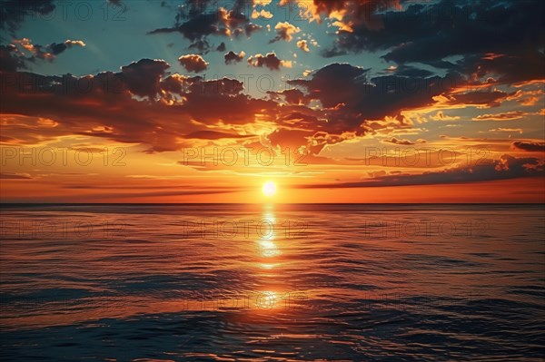 A mesmerizing view of the sun setting over a calm ocean, casting a golden glow that illuminates the sky and sea, with silhouetted clouds adding depth and drama, AI generated