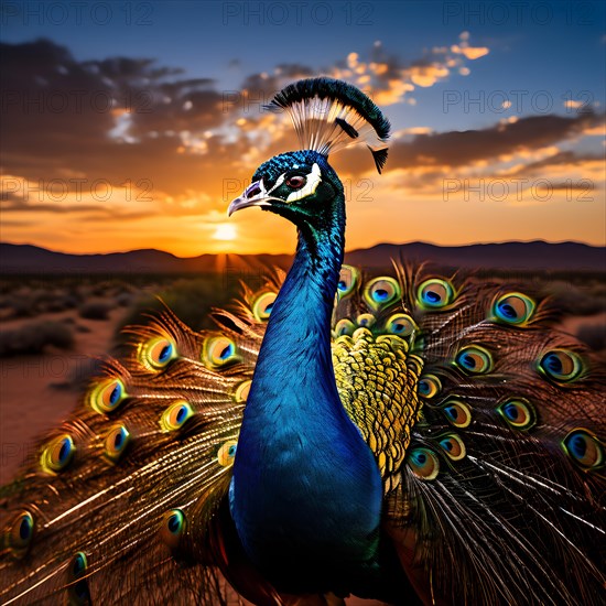 Peacock with the full display of magnificent plumage usp in each feather in the Thar desert, AI generated