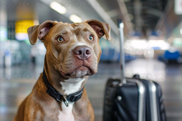 Traveling with a Pit Bull terrier. Dog with luggage in background at airport or train station. KI generiert, generiert, AI generated