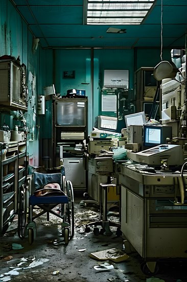 Abondened hospital cluttered room filled with discarded obsolete medical equipment, AI generated, hospital, damage, abandoned, ruin, decrepit
