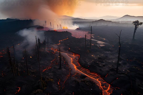 Charred tree skeletons in a smoke filled landscape remnants of a forest fire ignited by lava flow, AI generated