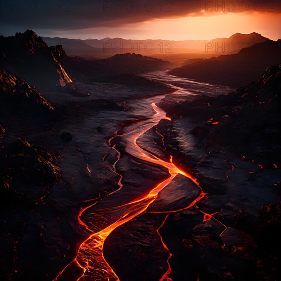 Aerial view of intricate lava stream patterns converge from a volcanic eruption, AI generated