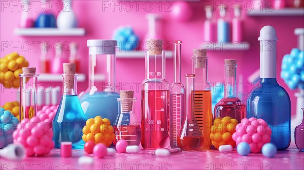 Chemical models and various glassware in a lab setup with bright colored liquids, ai generated, AI generated