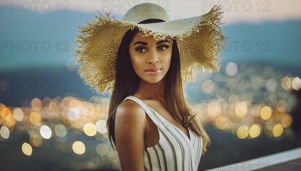 Fashionable woman in a large hat against a backdrop of evening city lights, blurry moody landscaped background with bokeh effect, AI generated