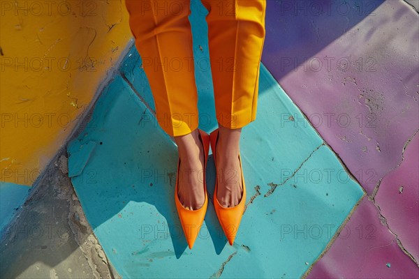 A pair of orange high heels on a multicolored geometric patterned floor, AI generated