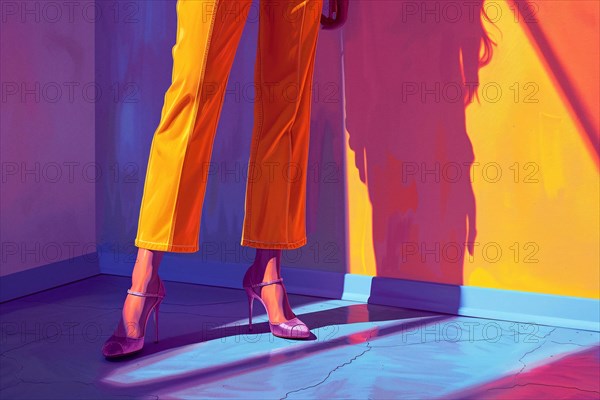 A model in vibrant yellow trousers and purple heels posing in a room with colorful shadows, AI generated