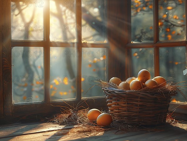 A wicker basket filled with eggs placed on a wooden surface near a sunny window, AI generiert, AI generated