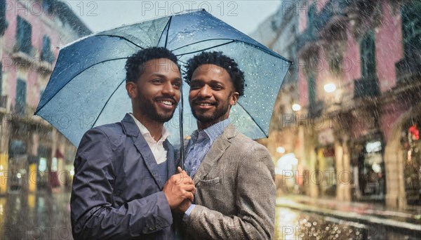 Two men in suits sharing an umbrella on a rainy city street at night, blurry city background with bokeh effect, romantic gay scene, AI generatedAI generated