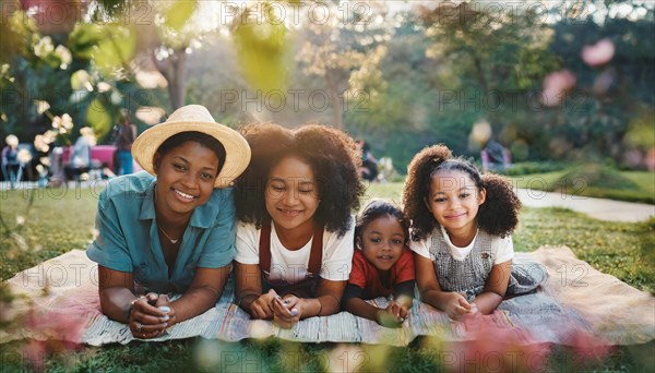 Multicultural family with happy children enjoying leisure time in a park, lying on the grass, AI generated