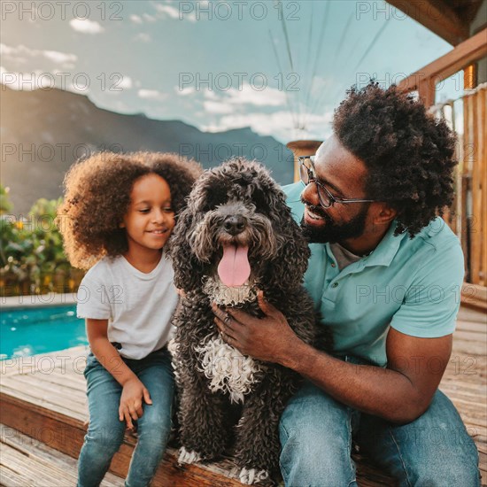 A man and a little girl are posing with a dog. The dog is wagging its tail and the girl is smiling. Scene is happy and joyful, AI generated