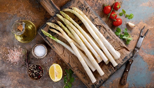 White asparagus on a rustic background with olive oil, lemon wedge and spices, fresh white asparagus, KI generated, AI generated