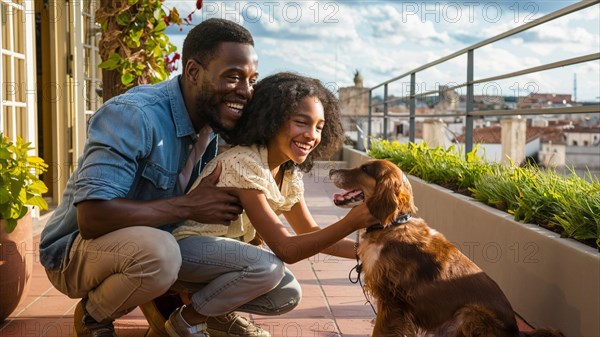 Father and daughter enjoy time with their dog on an urban terrace surrounded by plants, AI generated