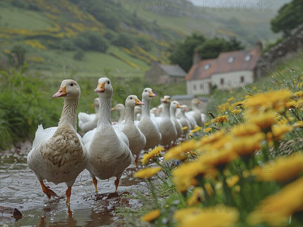 Geese walking along a riverbed surrounded by yellow flowers with a village in the background, AI generated, AI generated, AI generated