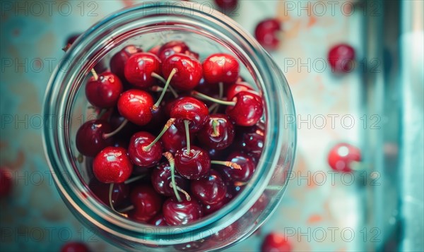 Ripe cherries showcased in a glass jar filled with clear syrup AI generated