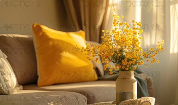 A cozy living room corner adorned with a vase of Mimosa flowers AI generated