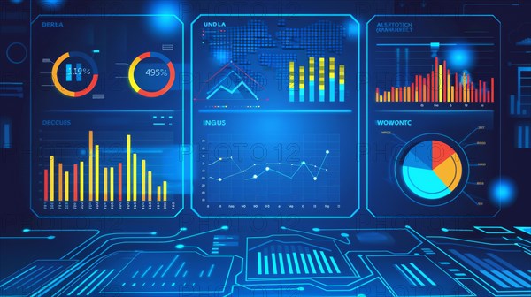 Corporate data analytics visualized on digital boards with charts in a futuristic orange and blue theme, ai generated, AI generated