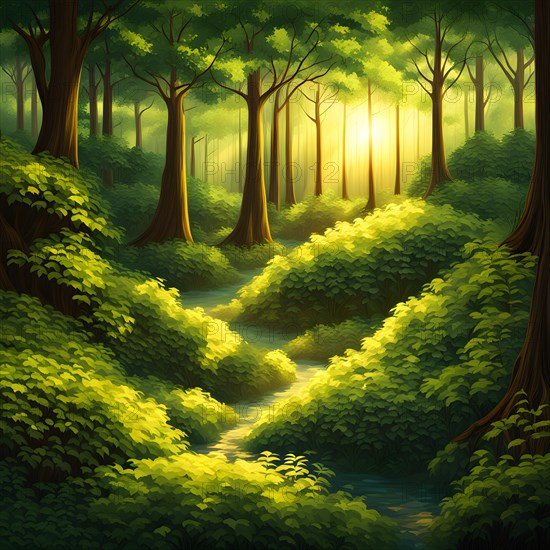 AI generated illustration of tranquil woodland composition awash in layers of diverse green tones sunlight spiraling and flickering