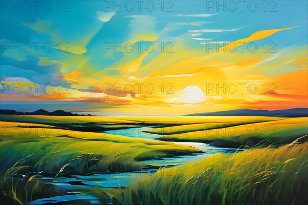 AI generated abstract painting of grasslands under a blazing sunset waves of greens