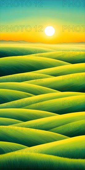 AI generated abstract painting of grasslands under a blazing sunset waves of greens