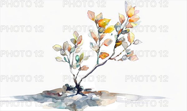 Watercolor tree sprout with coins blossoming instead of flowers AI generated