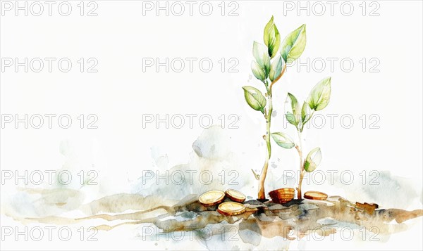 Tree sprout with coins growing from its buds, watercolor illustration on white background AI generated