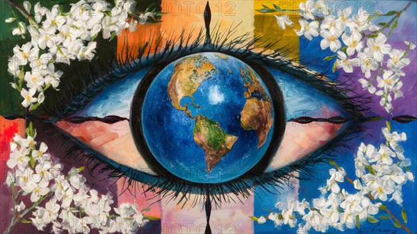 Surreal painting of the Earth within an eye surrounded by white flowers, AI generated